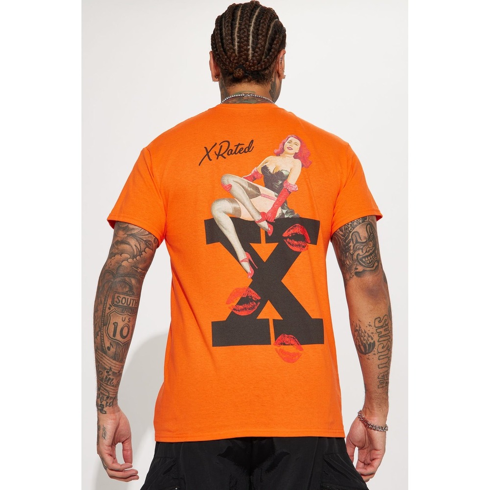 Fashion Nova Men X Rated Graphic Tee Orange‎ Pin Up Kiss Print T Shirt Size M